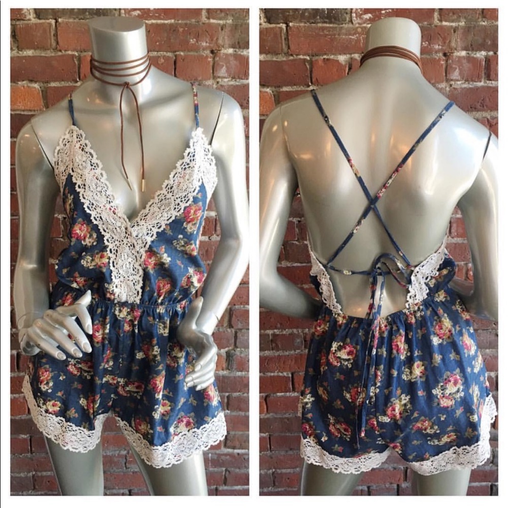 Floral/Denim Halter Romper